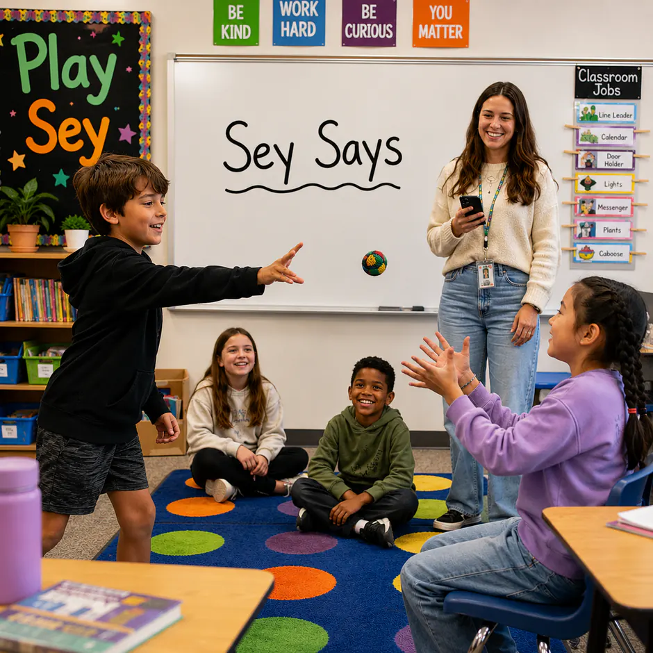 A primary classroom. Four children sit and stand in a circle on a spotted rug; one boy has just thrown a small crochet sack across to a girl with both hands raised to catch it. Their teacher stands at the whiteboard holding a phone. The board reads "Sey Says".