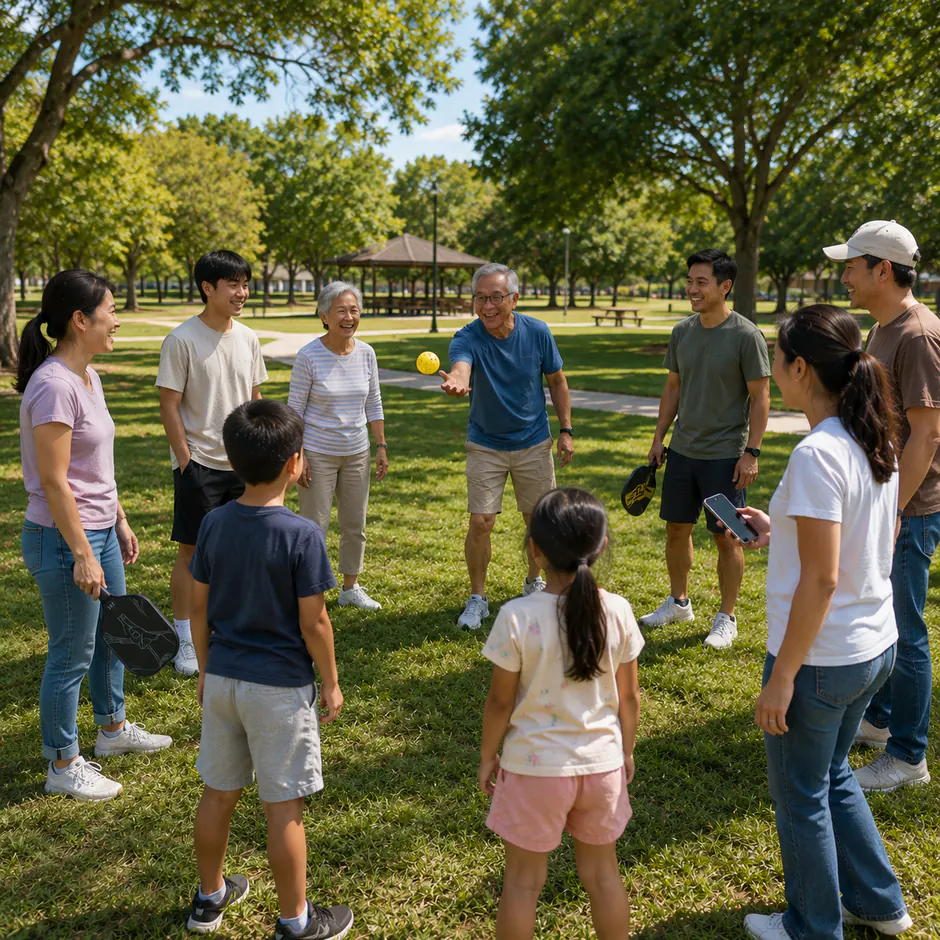 Eleven people of several ages stand in a loose circle on grass in a park. A man in a blue shirt has just tossed a yellow ball underarm across the circle. Two of them hold pickleball paddles at their sides; one holds a phone.